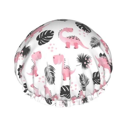 Duschhaube, niedliche rosa Dinosaurier-Duschhaube für Frauen, wiederverwendbar, wasserdicht, Haarkappe für Dusche, doppellagiges elastisches Band, langes Haar Badekappen von VOSERY
