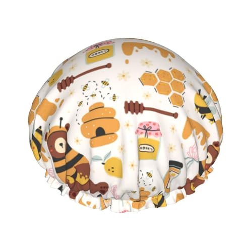 Duschhaube, niedlicher Bienenstock, Bär, Duschhaube für Frauen, wiederverwendbar, wasserdicht, Haarkappe für Dusche, doppellagiges elastisches Band, langes Haar Badekappen von VOSERY