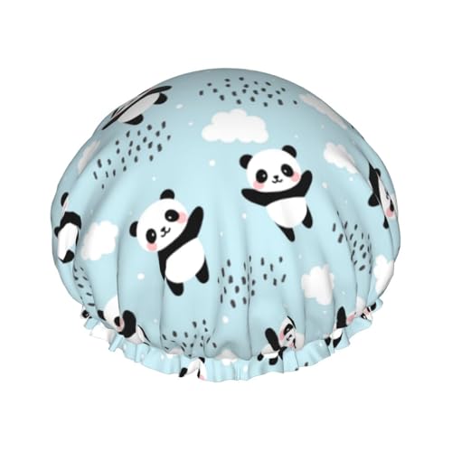 Duschhaube, niedlicher Pandabär-Duschhaube für Frauen, wiederverwendbar, wasserdicht, Haarkappe für Dusche, doppellagiges elastisches Band, langes Haar Badekappen von VOSERY