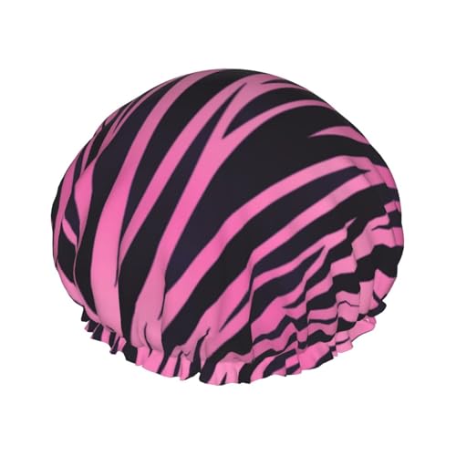 Duschhaube, rosa-schwarz, Zebradruck, gestreift, Duschhaube für Damen, wiederverwendbar, wasserdicht, Haarkappe für Dusche, doppellagiges elastisches Band, langes Haar von VOSERY