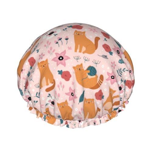 Duschhaube, rosa süße Waschbär Katze Blumen Duschhaube für Frauen wiederverwendbar wasserdicht Haarkappe für Dusche Doppellagiges Gummiband Langhaar Badekappen von VOSERY