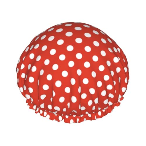 Duschhaube, rot-weißer Punkt-Druck, Duschhaube für Damen, wiederverwendbar, wasserdicht, Haarkappe für Dusche, doppellagiges elastisches Band, langes Haar von VOSERY