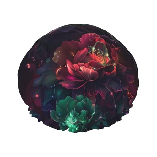 Duschhaube, rote und grüne Nelke Duschhaube für Frauen, wiederverwendbar, wasserdicht, Haarkappe für Dusche, doppellagiges elastisches Band, langes Haar Badekappen von VOSERY