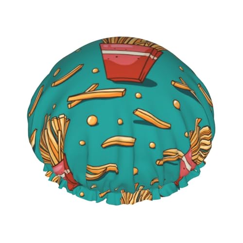 Duschhaube, süße Pommes Frites Duschhaube für Frauen, wiederverwendbar, wasserdicht, Haarkappe für Dusche, doppellagiges elastisches Band, langes Haar Badekappen von VOSERY