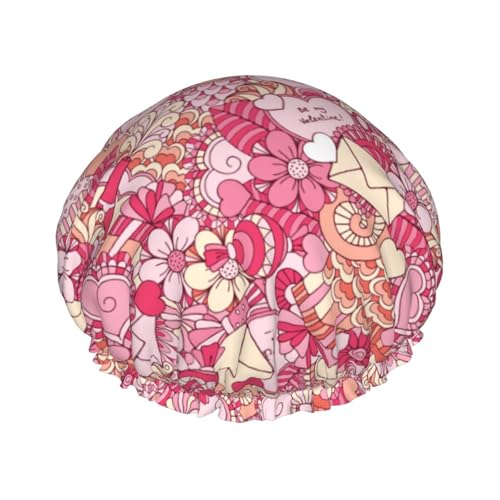 Duschhaube, süße rosa Duschhaube für Frauen, wiederverwendbar, wasserdicht, Haarkappe für Dusche, doppellagiges elastisches Band, langes Haar Badekappen von VOSERY