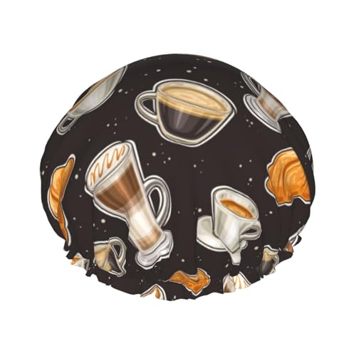 Duschhauben, Brot- und Kaffee-Druck, schwarze Duschhaube für Frauen, wiederverwendbar, wasserdicht, Haarkappe für Dusche, doppellagiges elastisches Band, langes Haar, Badekappen von VOSERY