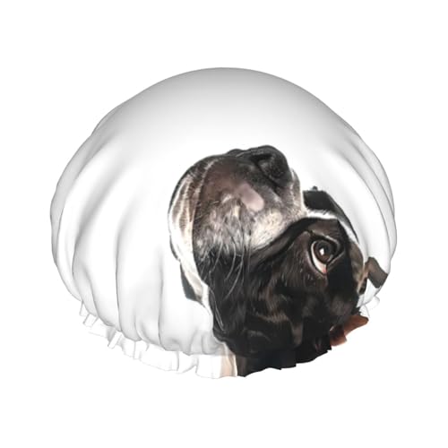 Duschhauben, Schwarz und Weiß Boston Terrier Duschhaube für Frauen Wiederverwendbar Wasserdicht, Haarkappe für Dusche, Doppellagiges Gummiband Langhaar Badekappen von VOSERY