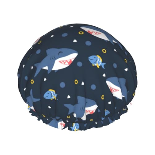Duschhauben Cartoon Happy Cute Shark Duschhaube für Frauen Wiederverwendbar Wasserdicht Haarkappe für Dusche Doppellagiges Gummiband Langhaar Badekappen von VOSERY