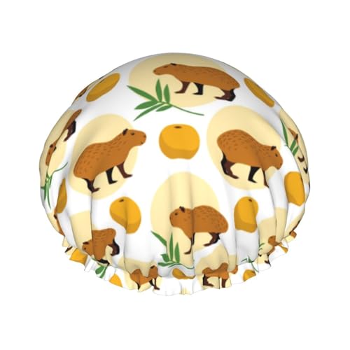 Duschhauben Cartoon Orange Capybara Duschhaube für Frauen Wiederverwendbar Wasserdicht Haarkappe für Dusche Doppellagiges Gummiband Langhaar Badekappen von VOSERY