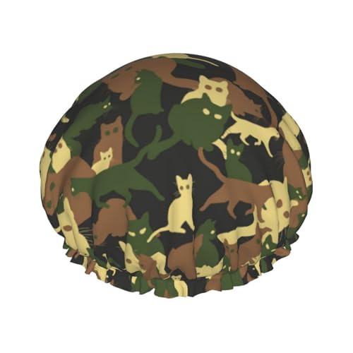 Duschhauben Coole Katze Camouflage Grün Duschhaube für Frauen Wiederverwendbar Wasserdicht Haarkappe für Dusche Doppellagiges Gummiband Langhaar Badekappen von VOSERY