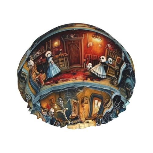 Duschhauben Halloween Gruselige Puppenhaus Duschhaube für Frauen Wiederverwendbar Wasserdicht Haarkappe für Dusche Doppellagiges Gummiband Langhaar Badekappen von VOSERY