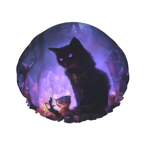 Duschhauben Halloween Mysterious Black Cat Witch Shower Cap für Frauen Wiederverwendbar Wasserdicht Haarkappe für Dusche Doppellagiges Gummiband Langhaar Badekappen von VOSERY