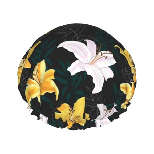 Duschhauben Lilien Blumen Weiß Gelb Duschhaube für Frauen Wiederverwendbar Wasserdicht Haarkappe für Dusche Doppellagiges Gummiband Langhaar Badekappen von VOSERY