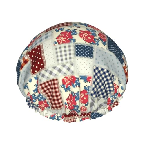 Duschhauben Patchwork im Landhausstil Duschhaube für Frauen Wiederverwendbar Wasserdicht Haarkappe für Dusche Doppellagige Gummiband Lange Haare Badekappen von VOSERY