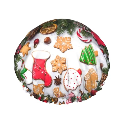 Duschhauben Weihnachten Lebkuchen Kekse Duschhaube für Frauen Wiederverwendbar Wasserdicht Haarkappe für Dusche Doppellagiges Gummiband Langhaar Badekappen von VOSERY