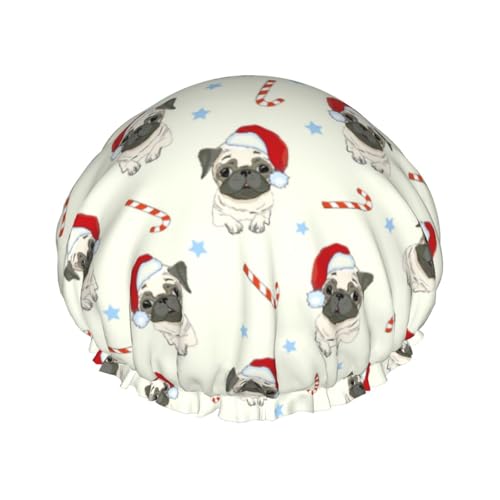 Duschhauben Weihnachten Mops Hund Duschhaube für Frauen Wiederverwendbar Wasserdicht Haarkappe für Dusche Doppellagiges Gummiband Langhaar Badekappen von VOSERY
