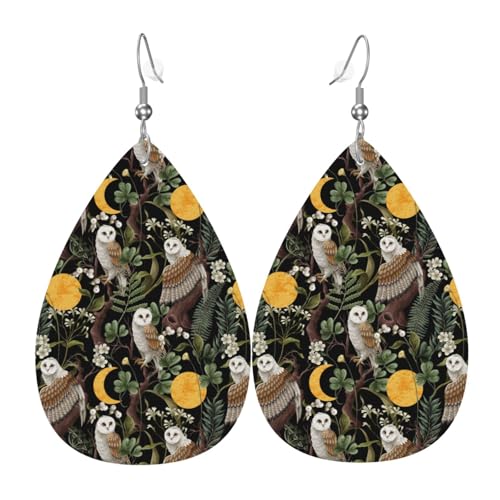 Eule Mond Blumen Ohrringe für Frauen, bunte Tränenohrringe aus Leder für Frauen, trendig, Tropfenohrringe, Schmuck von VOSERY