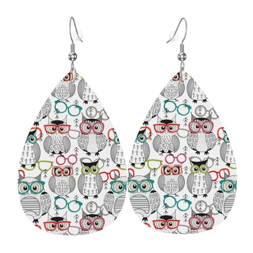 Eule mit Brille, Ohrringe für Damen, bunte Tropfenform, Leder-Ohrringe für Damen, trendig, Tropfenohrringe, Schmuck von VOSERY