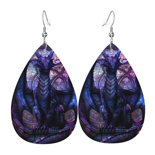 Fantasie-Drache in Kathedralen-Ohrringe für Damen, bunte Tropfen-Leder-Ohrringe für Damen, trendig, Tropfen-Ohrringe von VOSERY