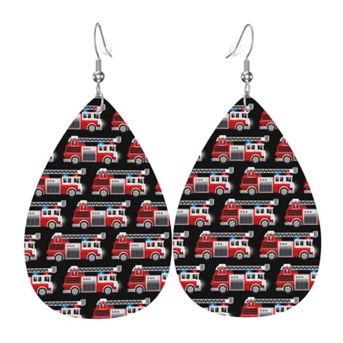 Feuerwehr- und Rettungswagen-Ohrringe für Damen, bunte tropfenförmige Leder-Ohrringe für Damen, trendig, Tropfenohrringe, Schmuck Feuerwehr- und Rettungswagen-Ohrringe für Damen, bunte tropfenförmige Leder-Ohrringe für Damen, trendig, Tropfenohrringe, Schmuck von VOSERY