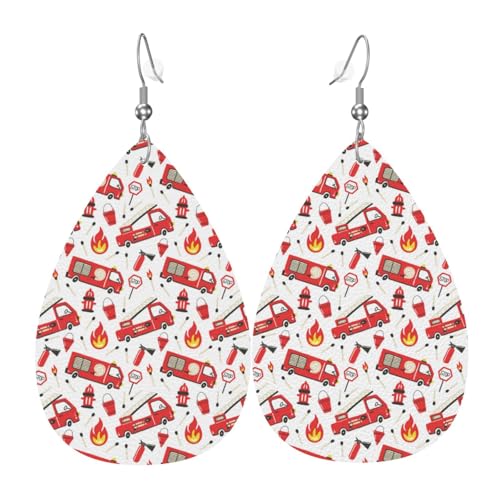 Feuerwehrauto-Ohrringe für Damen, bunte Tropfenform, Leder-Ohrringe für Damen, trendig, Tropfenohrringe, Schmuck von VOSERY