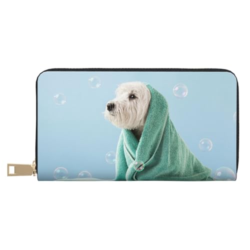 Geldbörse Damen, Leder Bifold Multi Card Wallet, Hund gewickelt in Handtuch Damen Geldbörsen Lange Geldbörse von VOSERY