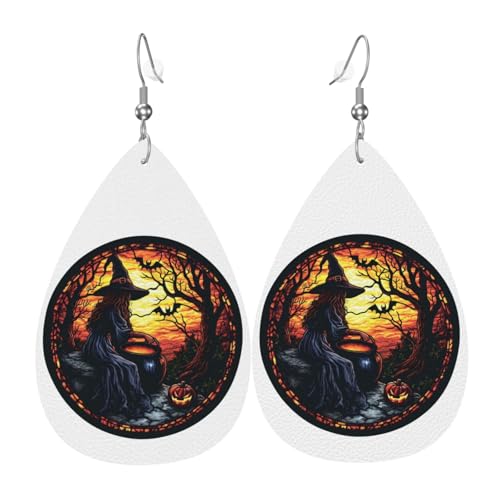 Halloween-Hexen-Fenstermalerei-Ohrringe für Damen, bunte Tropfenleder-Ohrringe für Damen, trendig, Tropfenohrringe, Schmuck von VOSERY