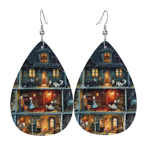 Halloween-Ohrringe für Damen, gruselige Puppenhaus-Ohrringe für Damen, bunte Tropfenform, Leder-Ohrringe für Damen, trendig, Tropfenohrringe, Schmuck von VOSERY