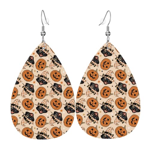Katzen-Kürbis-Halloween-Ohrringe für Damen, bunte Tropfenleder-Ohrringe für Damen, trendig, Tropfenohrringe, Schmuck von VOSERY