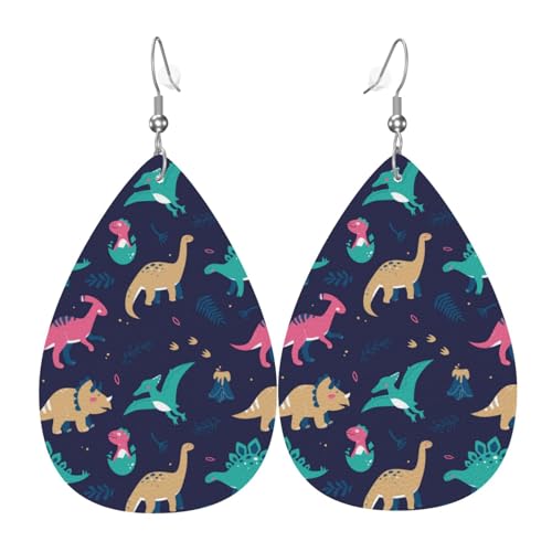 L-Ohrringe mit Dinosaurier-Druck für Damen, bunte Tropfenform, Leder-Ohrringe für Damen, trendig, Tropfenohrringe, Schmuck von VOSERY
