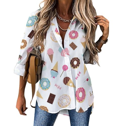 Langärmeliges Button-Down-Shirt für Damen, Cartoon-Donut-Eiscreme, Süßigkeiten, Button-Up-Shirt, lässige Bluse, Tops, Schwarz, Groß von VOSERY