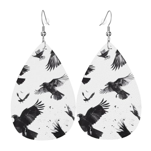 Monochrome fliegende Raben-Ohrringe für Damen, bunte tropfenförmige Leder-Ohrringe für Damen, trendig, Tropfenohrringe, Schmuck von VOSERY