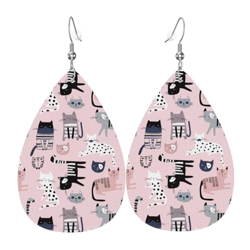 Ohrringe mit Katzendruck für Damen, bunte Tropfenform, Leder-Ohrringe für Damen, trendig, Tropfenohrringe, Schmuck von VOSERY