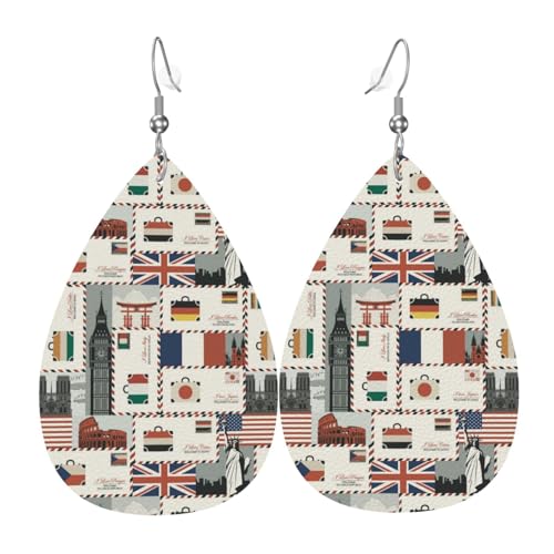 Ohrringe mit Weltstempelmuster für Damen, bunte Tropfenform, Leder-Ohrringe für Damen, trendig, Tropfenohrringe, Schmuck von VOSERY