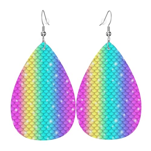 Regenbogen-Schuppenohrringe für Damen, bunte Tropfen-Leder-Ohrringe für Damen, trendig, Tropfenohrringe, Schmuck von VOSERY