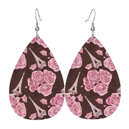 Rosafarbene Blumenturm-Ohrringe für Damen, bunte Tropfenform, Leder-Ohrringe für Damen, trendig, Tropfenohrringe, Schmuck von VOSERY