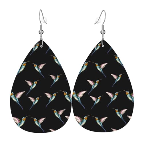 Schwarze Ohrringe mit Kolibri-Druck für Damen, bunte tropfenförmige Leder-Ohrringe für Damen, trendig, Tropfenohrringe, Schmuck von VOSERY
