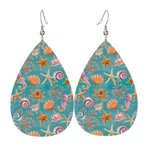 Seestern, Seepferdchen-Ohrringe für Damen, bunte Teardrop-Leder-Ohrringe für Damen, trendig, Tropfenohrringe, Schmuck Seestern, Seepferdchen-Ohrringe für Damen, bunte Teardrop-Leder-Ohrringe für Damen, trendig, Tropfenohrringe, Schmuck von VOSERY