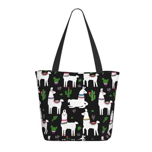 Tragetasche für Damen, groß, Lama, Alpaka, Kaktus, schwarz, niedliche Tragetasche mit Reißverschluss, Schultertasche, Handtaschen für Arbeit und Reisen Tragetasche für Damen, groß, Lama, Alpaka, Kaktus, schwarz, niedliche Tragetasche mit Reißverschluss, Schultertasche, Handtaschen für Arbeit und Reisen von VOSERY