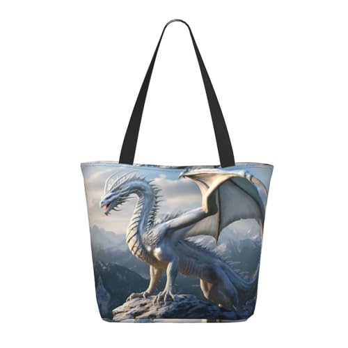 Tragetasche für Damen, groß, Motiv: weißer Drache, Tragetasche mit Reißverschluss, Schultertasche, Handtaschen für Arbeit, Reisen Tragetasche für Damen, groß, Motiv: weißer Drache, Tragetasche mit Reißverschluss, Schultertasche, Handtaschen für Arbeit, Reisen von VOSERY