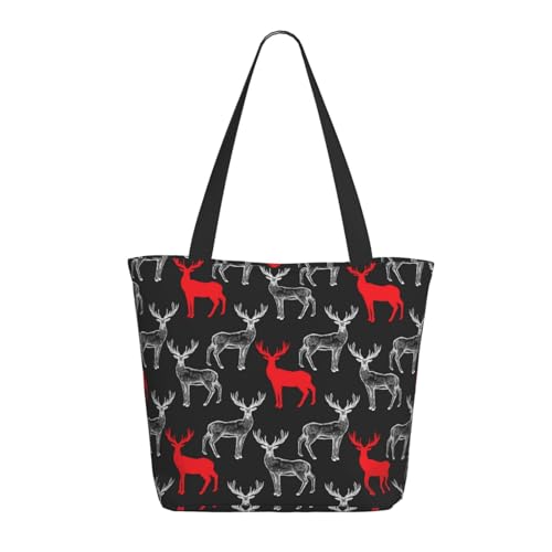 Tragetasche für Damen, groß, einfach, handbemalt, Hirsch, rot-weiß, Tragetasche mit Reißverschluss, Schultertasche, Handtaschen für Arbeit, Reisen Tragetasche für Damen, groß, einfach, handbemalt, Hirsch, rot-weiß, Tragetasche mit Reißverschluss, Schultertasche, Handtaschen für Arbeit, Reisen von VOSERY
