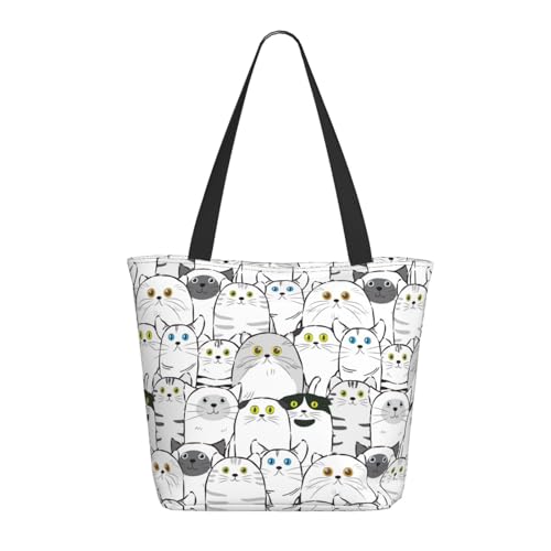 Tragetasche für Damen, groß, klassisch, niedlich, Cartoon-Katzen-Tragetasche mit Reißverschluss, Schultertasche, Handtasche für Arbeit und Reisen von VOSERY