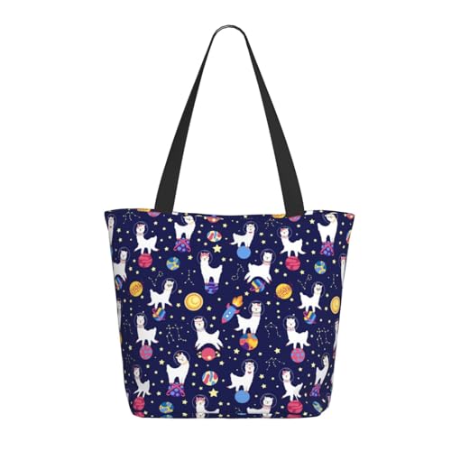 Tragetasche für Damen, groß, niedlich, Alpaka, Sternenhimmel, Planet, Tragetasche mit Reißverschluss, Schultertasche, Handtaschen für Arbeit und Reisen von VOSERY