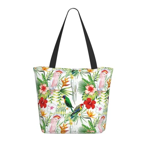 Tragetasche für Damen, groß, niedlich, bemalt, niedlich, Papageien, Vogel, Pflanze, Tragetasche mit Reißverschluss, Schultertasche, Handtaschen für Arbeit, Reisen von VOSERY