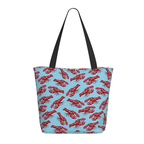 Tragetasche für Damen, groß, roter Hummer-Druck, blaue Tragetasche mit Reißverschluss, Schultertasche, Handtaschen für Arbeit, Reisen Tragetasche für Damen, groß, roter Hummer-Druck, blaue Tragetasche mit Reißverschluss, Schultertasche, Handtaschen für Arbeit, Reisen von VOSERY