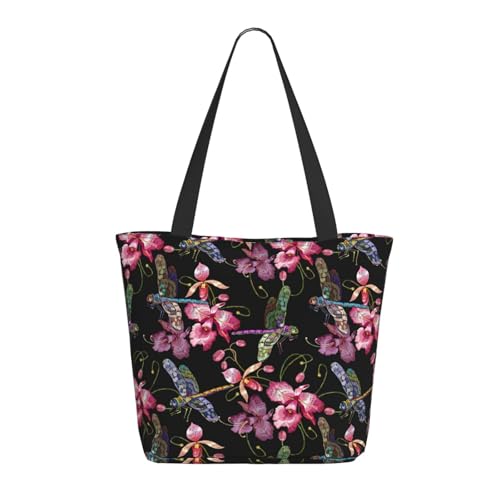 Tragetasche für Damen, große Libelle, rosa Blume, Tragetasche mit Reißverschluss, Schultertasche, Handtaschen für Arbeit und Reisen Tragetasche für Damen, große Libelle, rosa Blume, Tragetasche mit Reißverschluss, Schultertasche, Handtaschen für Arbeit und Reisen von VOSERY