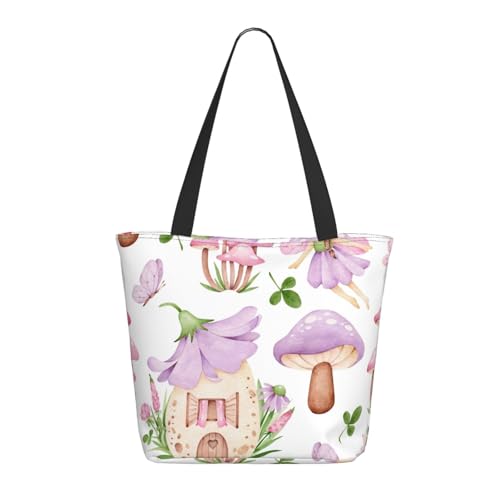 Tragetasche für Damen, große Pilz-Feenhaus-Tragetasche mit Reißverschluss, Schultertasche, Handtaschen für Arbeit, Reisen Tragetasche für Damen, große Pilz-Feenhaus-Tragetasche mit Reißverschluss, Schultertasche, Handtaschen für Arbeit, Reisen von VOSERY