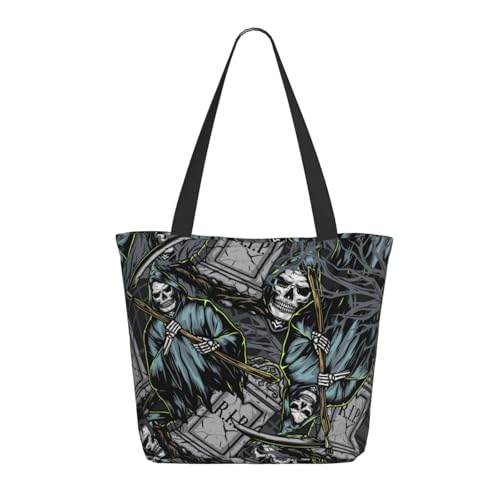 Tragetasche für Damen, große Sensenmann-Grabstein-Muster, Tragetasche mit Reißverschluss, Schultertasche, Handtaschen für Arbeit und Reisen Tragetasche für Damen, große Sensenmann-Grabstein-Muster, Tragetasche mit Reißverschluss, Schultertasche, Handtaschen für Arbeit und Reisen von VOSERY