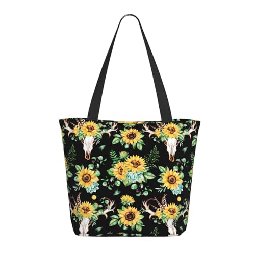 Tragetasche für Damen, große Sonnenblumen-Totenkopf-Boho-Tragetasche mit Reißverschluss, Schultertasche, Handtaschen für Arbeit und Reisen von VOSERY