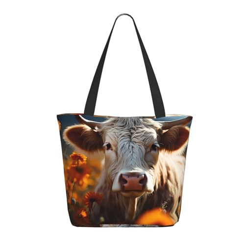 Tragetasche für Damen, große Sonnenblumenkuh im Blumenfeld, Tragetasche mit Reißverschluss, Schultertasche, Handtaschen für Arbeit und Reisen Tragetasche für Damen, große Sonnenblumenkuh im Blumenfeld, Tragetasche mit Reißverschluss, Schultertasche, Handtaschen für Arbeit und Reisen von VOSERY